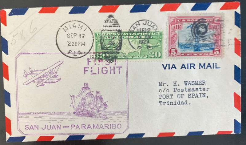 1929 San Juan PR USA First flight Airmail Cover FFC To Port Spain Trinidad