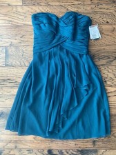 NWT David s Bridal Short Strapless Crinkle Chiffon Front Cascade Gem Teal Sz 4