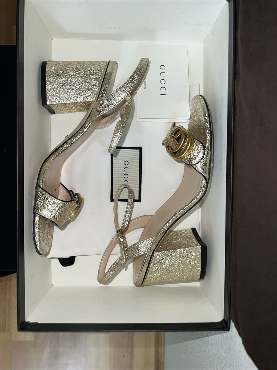 GUCCI Sexy Metallic Laminate Leather Mid Heel Sandal Double