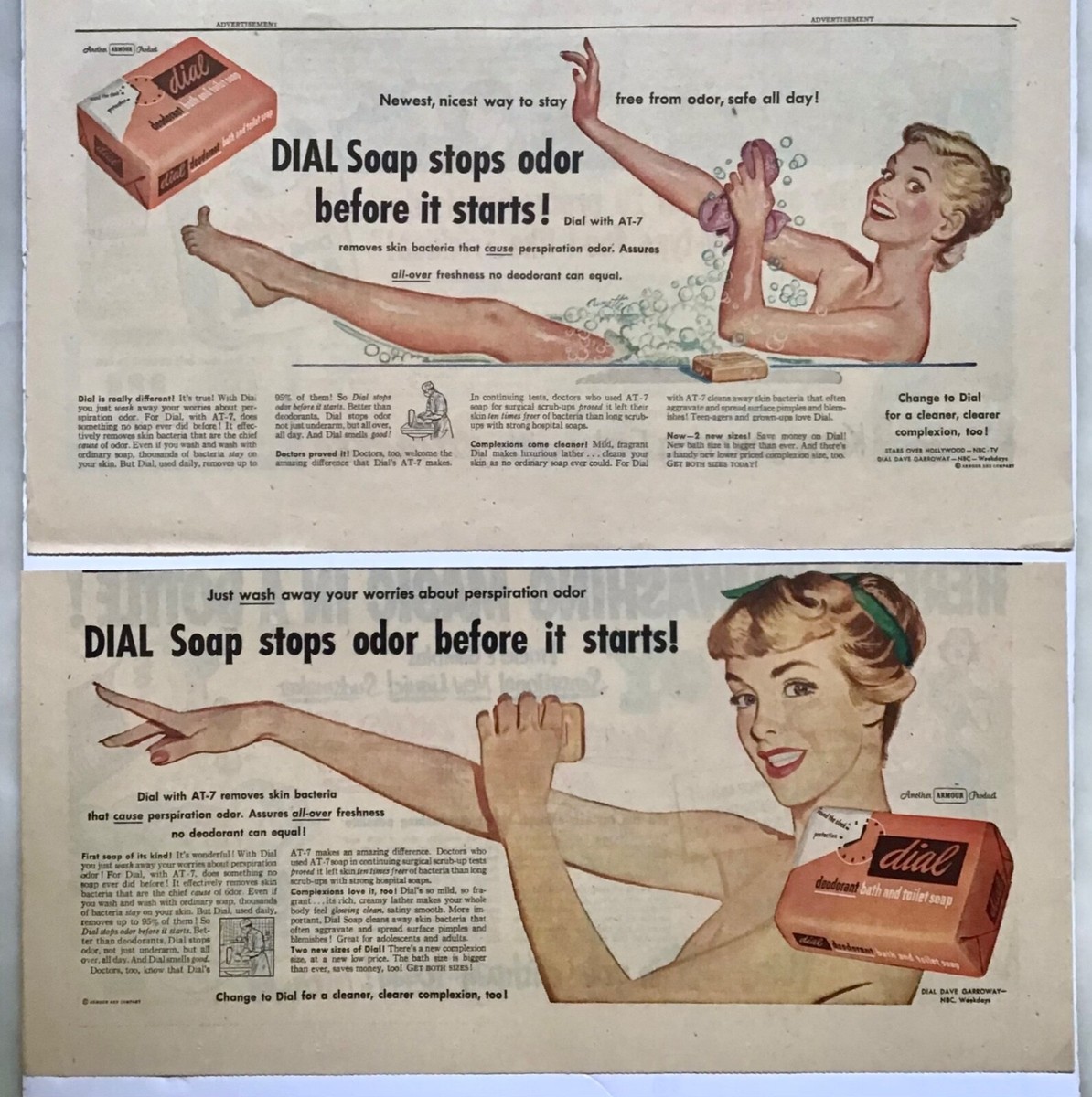 1951 Sunday comic ads for Dial Soap bathing women stop odor