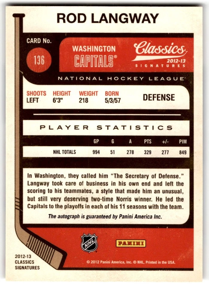 2012-13 Panini Classics Signatures Rod Langway Auto #136 Washington Capitals - Image 2 of 2