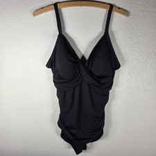 Jantzen Black One Piece Swimsuit Padded Shelf Bra Size 12 Ruffle V-Neck