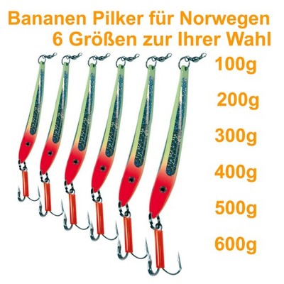 Bananen Pilker für Norwegen Heilbutt Dorsch 100  600g Leuchtpilker Meerespilker