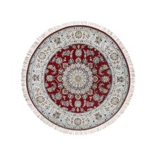 5'x5' Red Nain Flower Design Hand Knotted 250 KPSI Wool and Silk Round Rug 92573