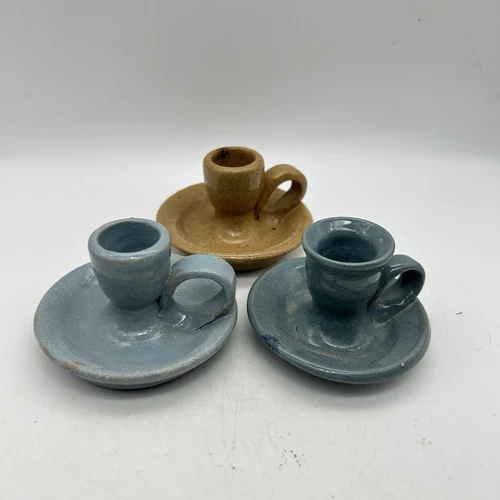 Vtg Lot of 3 Bybee Pottery Candle Holder Holders Kentucky Signed Blue Brown Tan