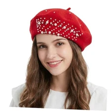 French Beret for Women, Elegant Pearl Rhinestone Beanie, Adjustable Winter Red