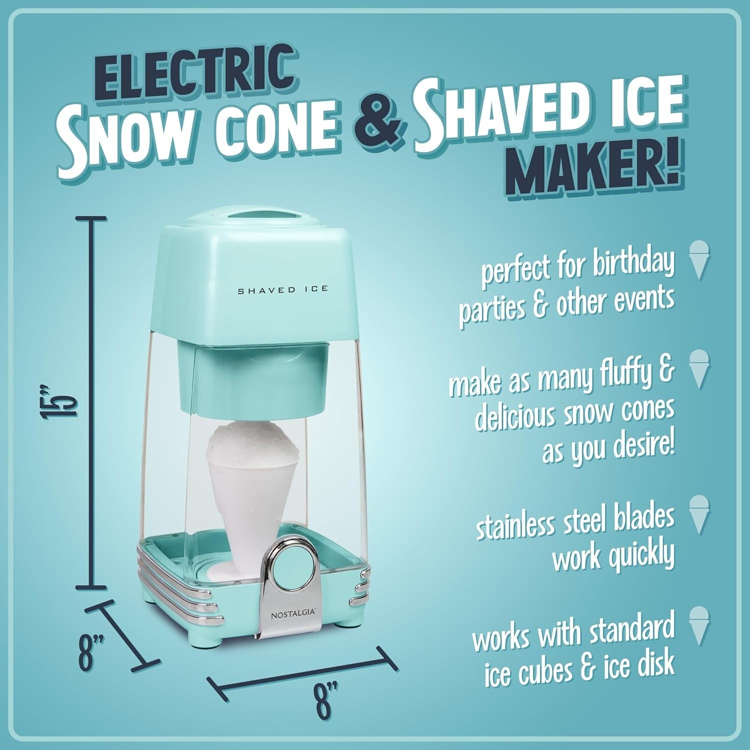 Electric Snow Cone Maker with Stainless Steel Blades - Easy Clean, Aqua Style