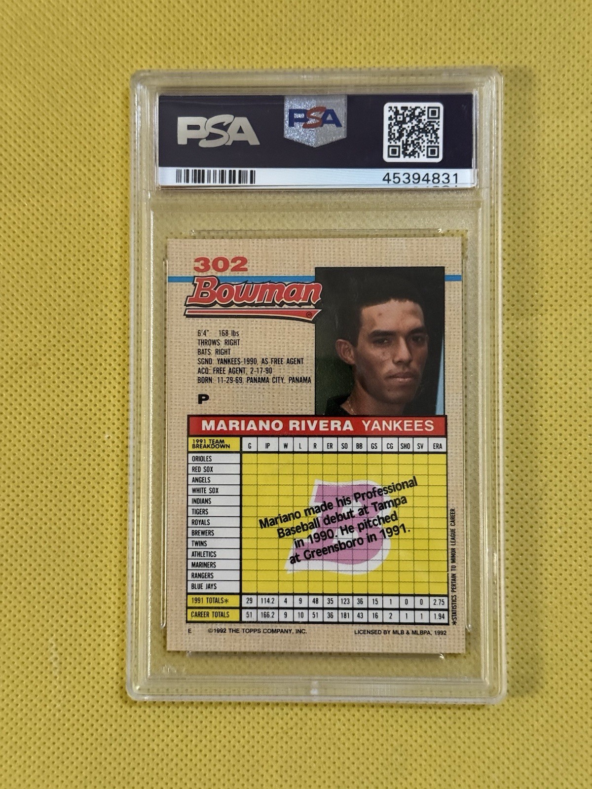 1992 Bowman #302 Mariano Rivera Graded PSA 9 Rookie Card RC M85 view 2