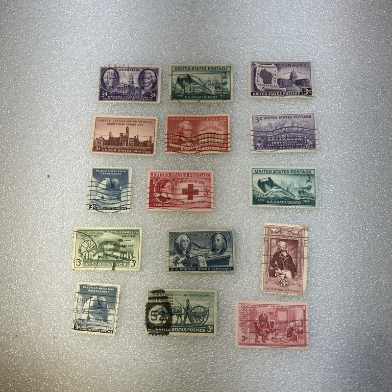 15 USED/Cancelled Commemorative 3c 1941-1955 US Stamps. Varied Lot. $1 Ships.