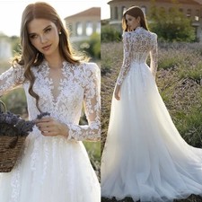 Lace Long Sleeves A Line Wedding Dresses Applique Country BridalGown Court Train