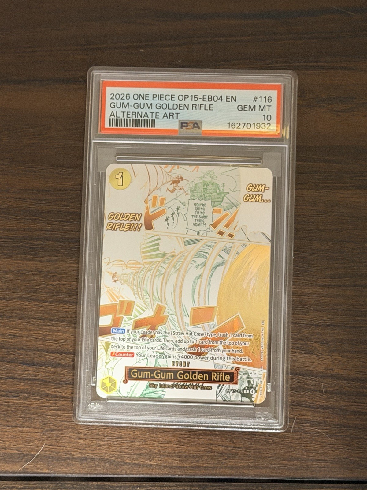 2026 ONE PIECE OP15-EB04-ADVENTURE ON KAMI'S ISLAND GUM-GUM GOLDEN RIFLE PSA 10