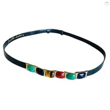 Vintage Judith Leiber Black Lizard Belt Multicolor Gemstone Cabochon Skinny