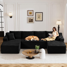 133" Oversized U-Shaped Cloud Sofa with Chaise, Cupholders  Storage - Black