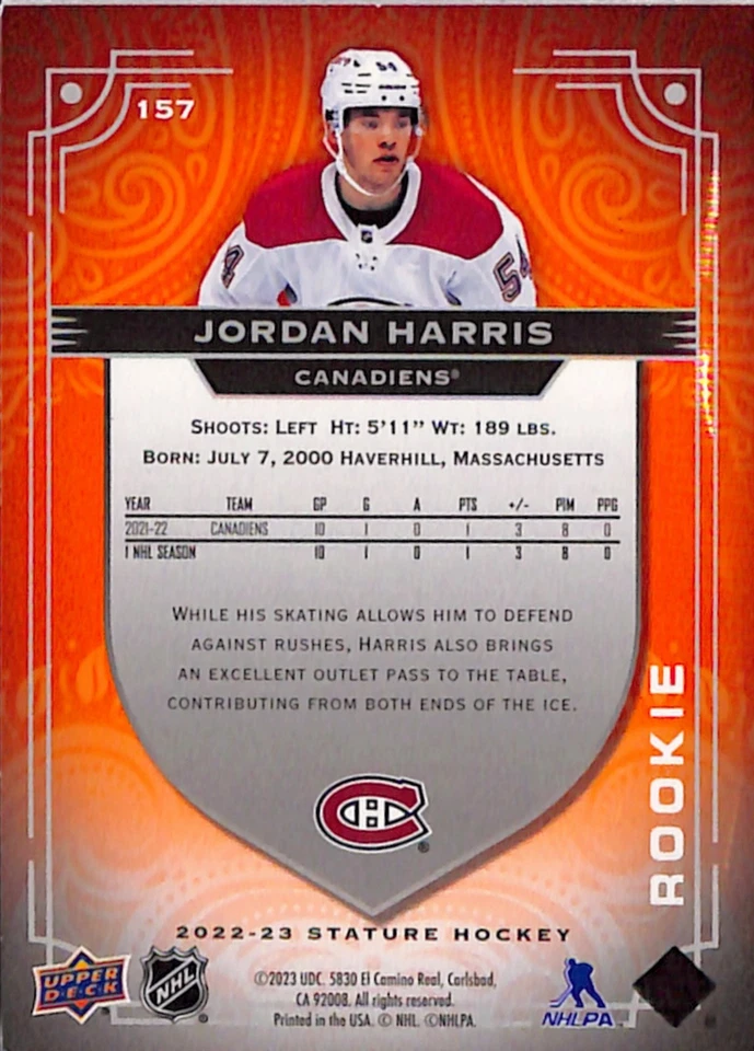 2022-23 Upper Deck Stature Montreal Canadiens Jordan Harris Rookie #157 /15 - Image 2 of 2