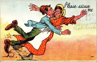 Humorous Kissing Couple Postcard Please Excuse Me Comic Art Cartoon