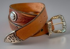 Vintage NOCONA Western Brown Belt Fancy Silver Tone Buckle Conchos Mens 32