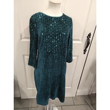 Teal Sequin Velvet Midi Dress Long Sleeve Evening Party Occasion Size Medium