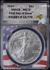 2024 $1 American Silver Eagle ANACS MS 70 | FDOI Uncirculated UNC BU
