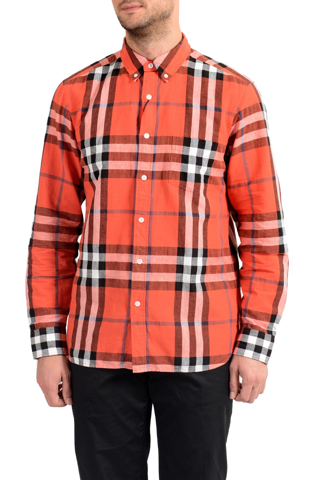 Burberry Men's "Elfords" Multi-Color Linen Plaid Long Sleeve Shirt