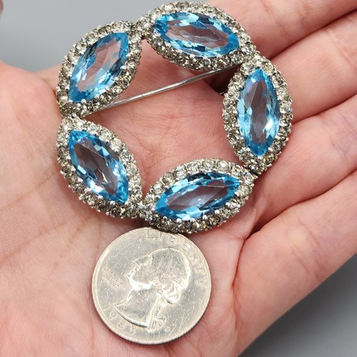 Vintage Sterling Silver Blue Aqua Marquise Glass Paste Round Wreath Brooch 25.4g - Picture 15 of 15