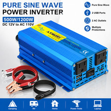 500W Pure Sine Wave Power Inverter 12V DC to 110V AC 1200W Peak with USB Ports