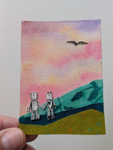 ACEO Original Art Mixed Media Robots in the Hills Signed by artist Therecreative