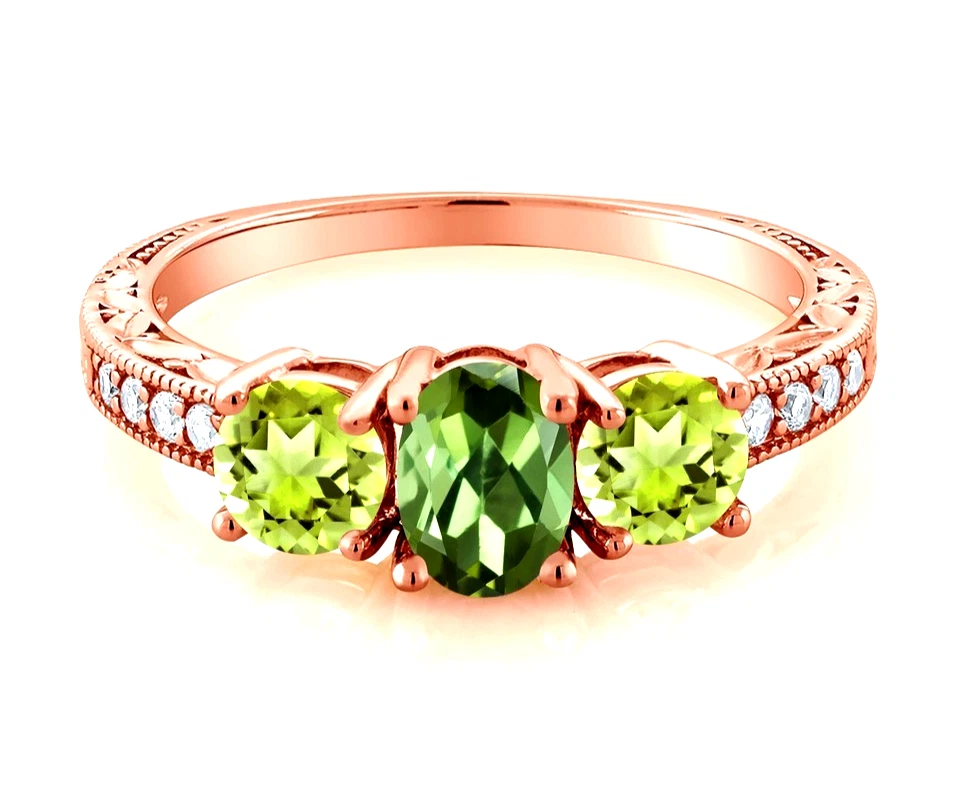 925 Silber Rose Vergoldet 1.90 Karat Grün Turmalin Und Peridot Verlobungsring - Bild 2 von 4