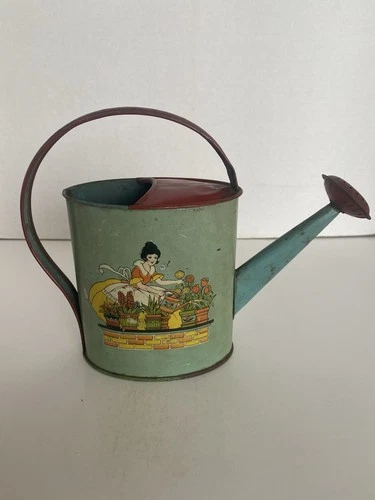 Vintage J. Chein Tin Litho Children's Watering Can, Lady Watering Flowers