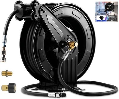 Retractable Hose Reel, Double Arm 3/8 in x 50 ft Heavy Duty Steel Professiona...