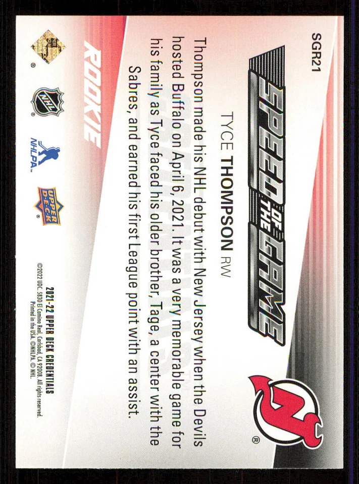 2021-22 Upper Deck Credentials Speed of the Game Rookies #SGR21 Tyce Thompson - Image 2 of 2