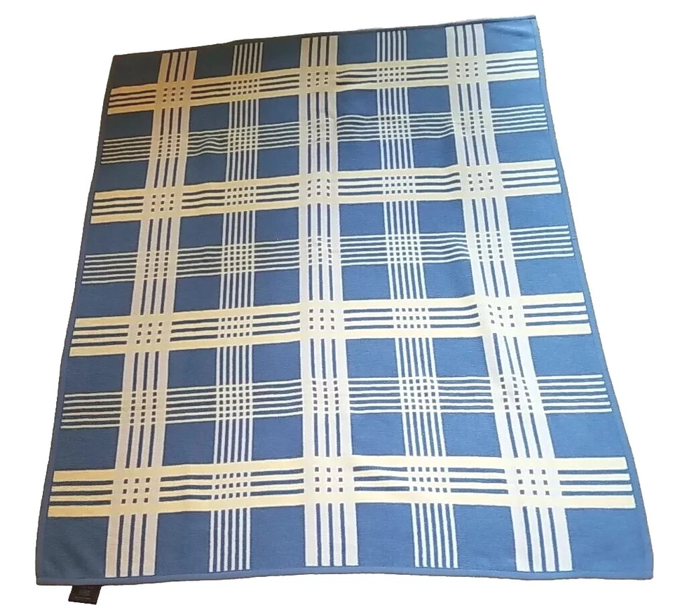 Ibena Blanket Throw BLUE -CREAM YELLOW PLAID STRIPES 53” x 71” EXCELLENT COND - Image 3 of 4