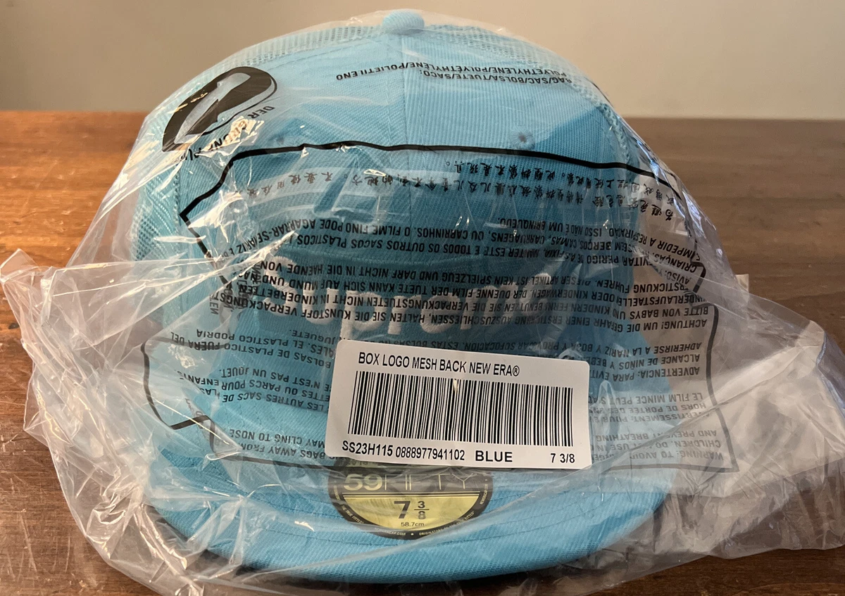 SUPREME BOX LOGO MESH BACK NEW ERA BLUE HAT/ SIZE 7 3/8 SS23 WEEK 7/ AUTHENTIC