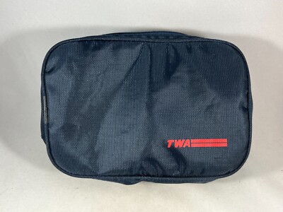 Vintage Blue Nylon TWA Airlines Zippered  Two Pocket Amenity Pouch Toiletry Case