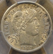 1907 Barber Dime 10c PCGS Certified AU55