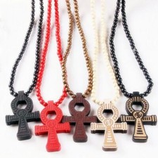Pendant Wooden Cross Necklace -Wood Beads Egyptian Ankh Crucifix Vintage Jewelry