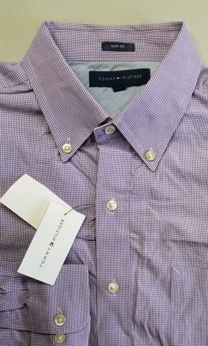 TOMMY HILFIGER Men Slim Long Sleeve Polo Dress Shirt x 32/33 Purple  White