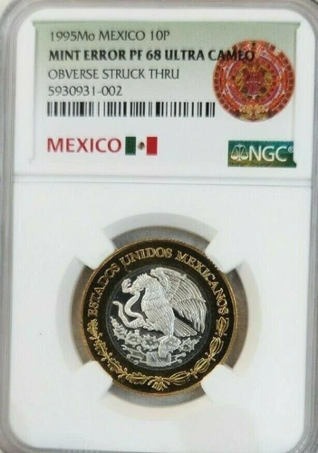1995 MEXICO SILVER 10 PESOS NGC PF 68 ULTRA CAMEO MINT ERROR OBVERSE STRUCK THRU