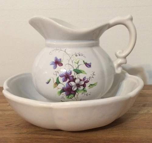 McCoy Pitcher & Bowl Wash Basin Set Floral Violet Flowers
