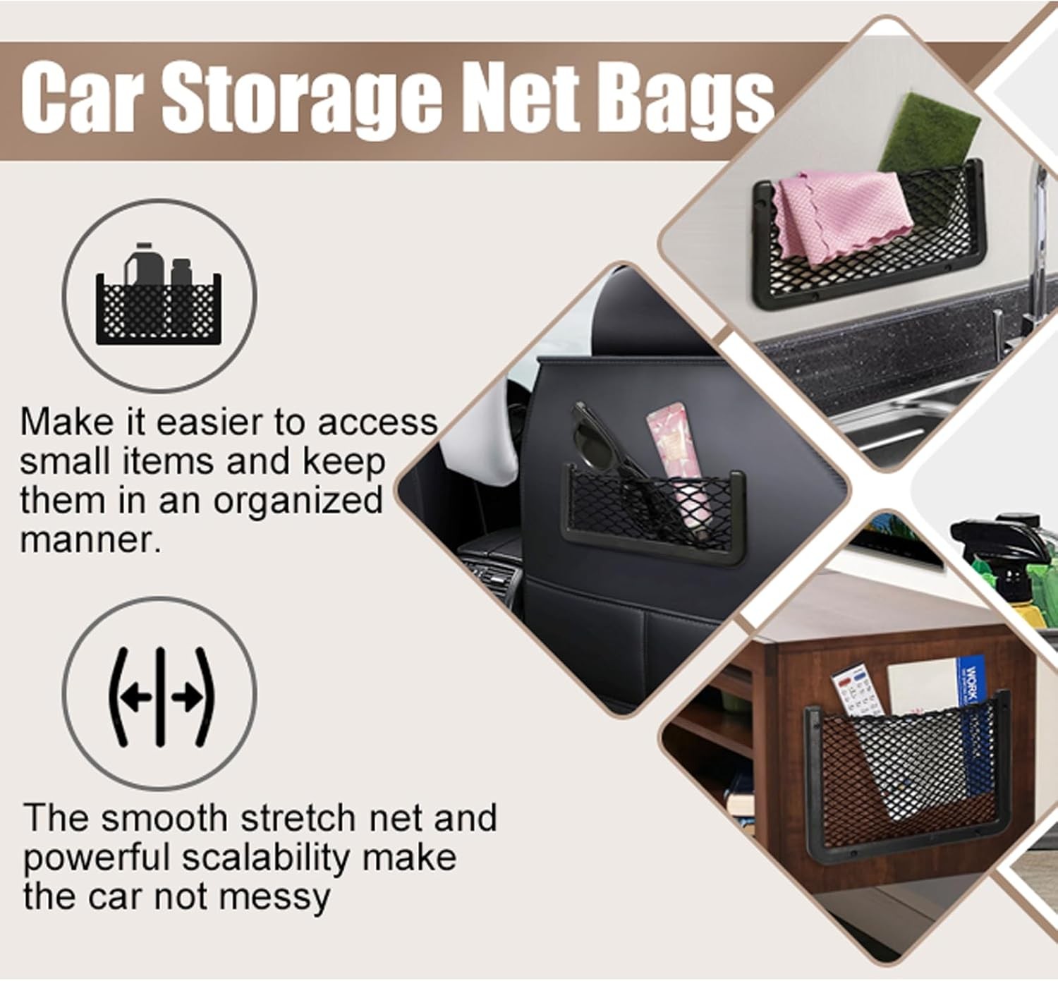 ABS Plastic Frame Car Cargo Net with Mesh Storage Bags (2-Pack, 12 x 7.9 inches)
