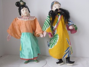 Pair Chinese 11 Inch Peking Opera Dolls Hand Puppets Man & Woman with Stands