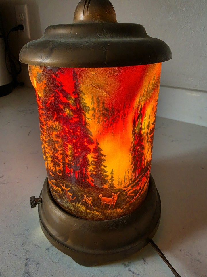 A working 1950 Econolite Roto Vue motion lamp with an animated forest fire and wildlife scene — one of the most iconic and collectible mid-century novelty lamps ever made.