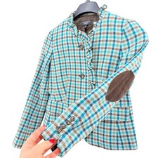 Talbots 100 Wool Blazer Women 2P Pre-Owned Plaid Blue Ruffle Elbow Patch Jacket