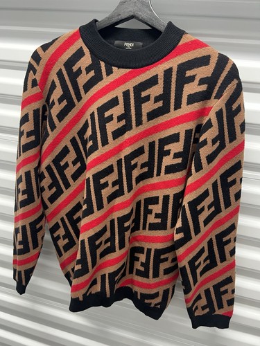 Authentic Fendi Wool Knit Sweater FF Zucca Monogram Diagonal Stripe - Men Medium