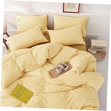Comforter Set Size, 3 Piece Farmhouse Gingham Grid Bed Set - Soft Queen Yellow