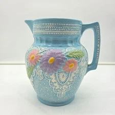 Vintage Blue Ceramic Pitcher – Embossed Floral Daisy Design 8” Tall Lace Pattern