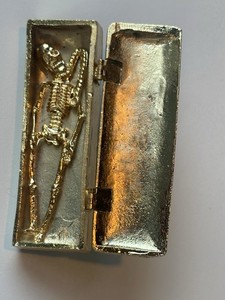 Rare Vintage Lions Club Retirement Lapel Double Pin Coffin w/removable Skeleton