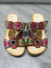 L'artiste Flower Leather Wedge Sandals Floral Brown Pink Size 10.5 Boho