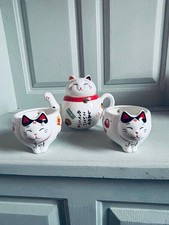 Kenji Himeji Cat Teapot Set Japanese Porcelain Tea Set Maneki Neko Cups Boxed
