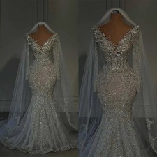 Glitter V Neck Wedding Dresses Crystal Sequins Beading Sweep Train Bridal Gowns