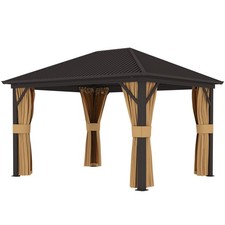 Outsunny 3.6 x 3(m) Metal Garden Hardtop Gazebo with Screened Curtain Brown